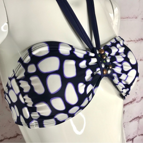 ST. JOHN Pebble Size 6 Bandeau & Halter Tie Embellished Swim Top Navy & White - Picture 13 of 15